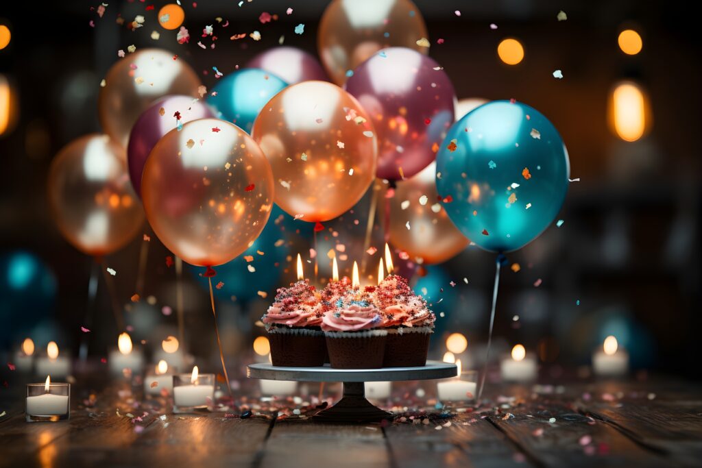 birthday party balloons cake glitter confetti background